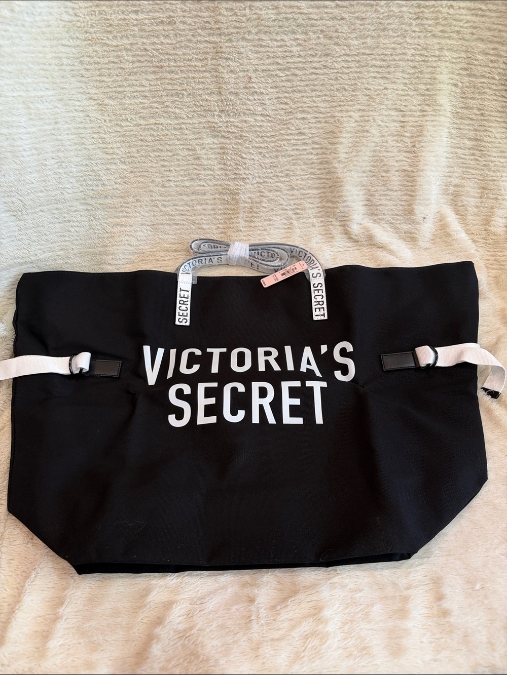 Victoria's Secret Black Tote Bag with White Logo and Branded Handles